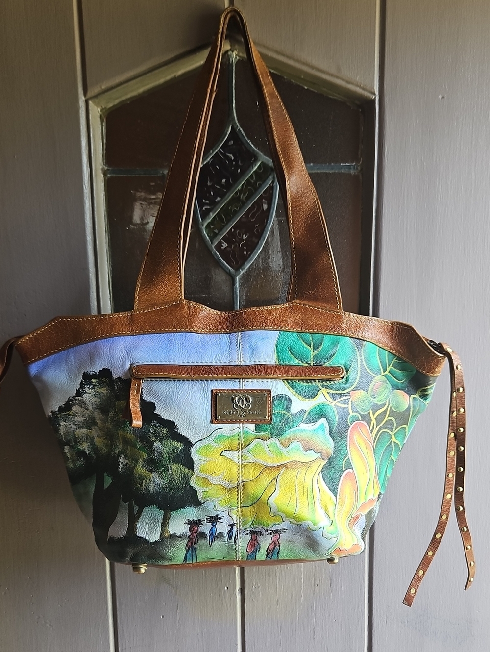 Sharif Hand-Painted Floral and Landscape Tote Satchel in Brown Leather Trim